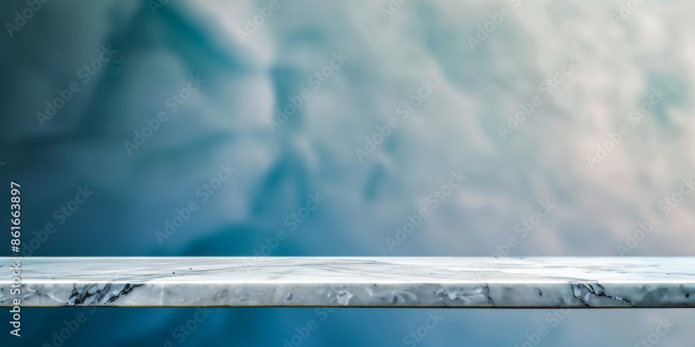 Poster snowy display table with vibrant blue ice cave bokeh background for adventure-themed product montage