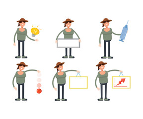 woman with hat characters in various poses vector illustration