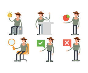 woman with hat characters in various poses vector illustration