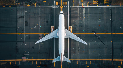 Passenger airplane parked on airport runway aerial view