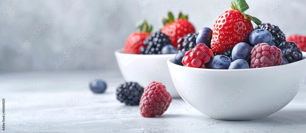 Poster a summer-themed image featuring freshly picked berries in bowls on a white table evoking thoughts of
