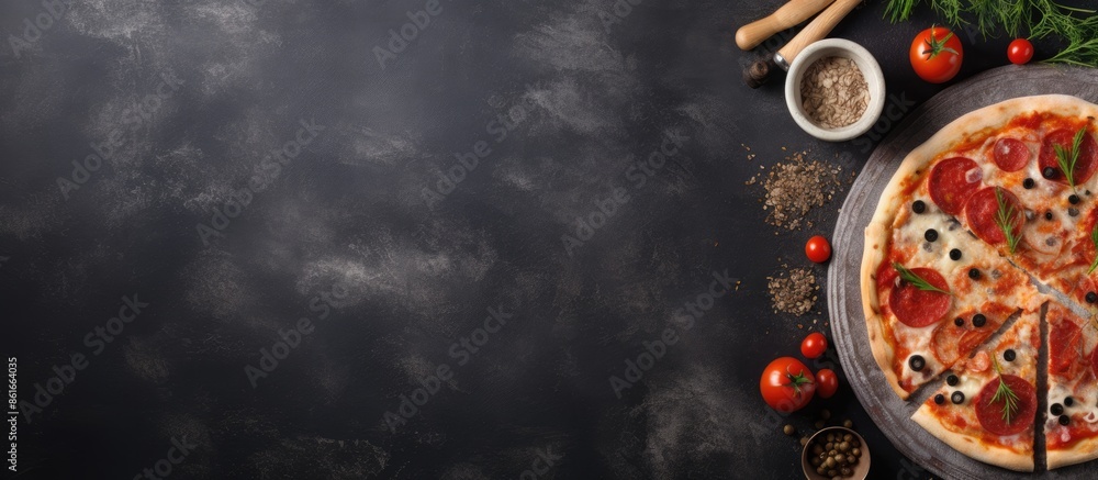 Aufkleber Stone table background with pizza cutting board and napkin, creating a food recipe concept. Panoramic top view with copy space image on tabletop or wall texture.