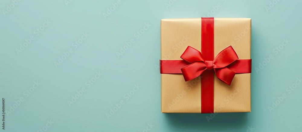 Fototapete golden gift box with red ribbon isolated on pastel background. with copy space image. place for addi