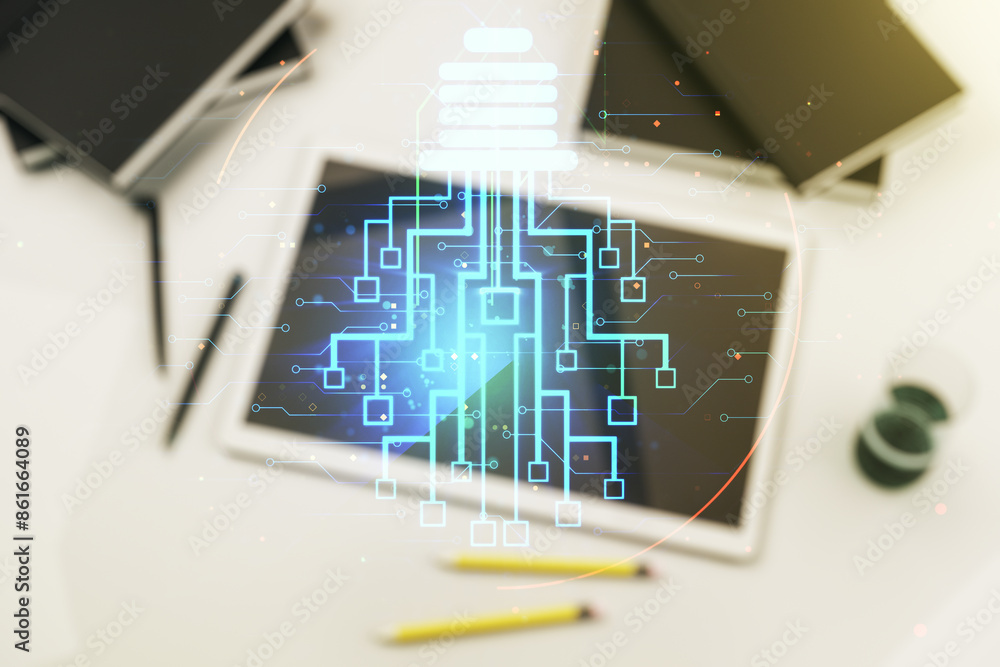Poster creative light bulb with chip hologram and modern digital tablet on background, artificial intellige