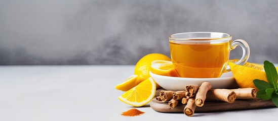 Turmeric hot tea ingredients on grey backdrop with lemon, ginger, cinnamon, & copy space image. A healthy Ayurvedic drink boosting immunity.