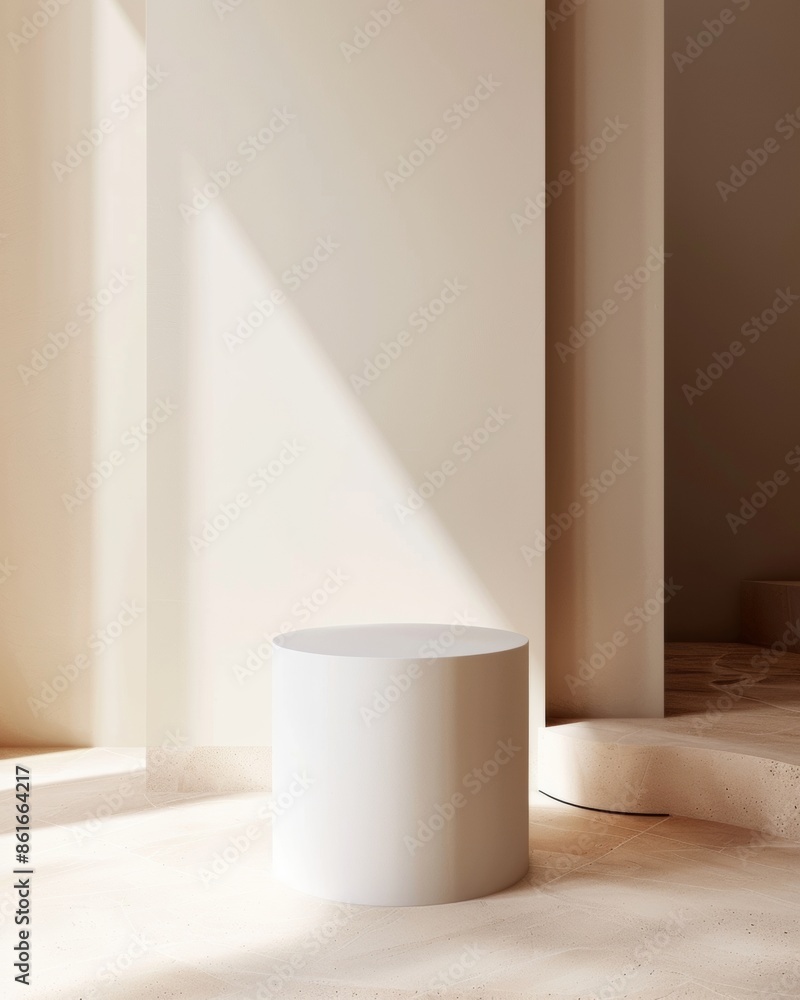 Poster elegant tan plaster podium in sophisticated gallery setting with muted brown tones and natural light