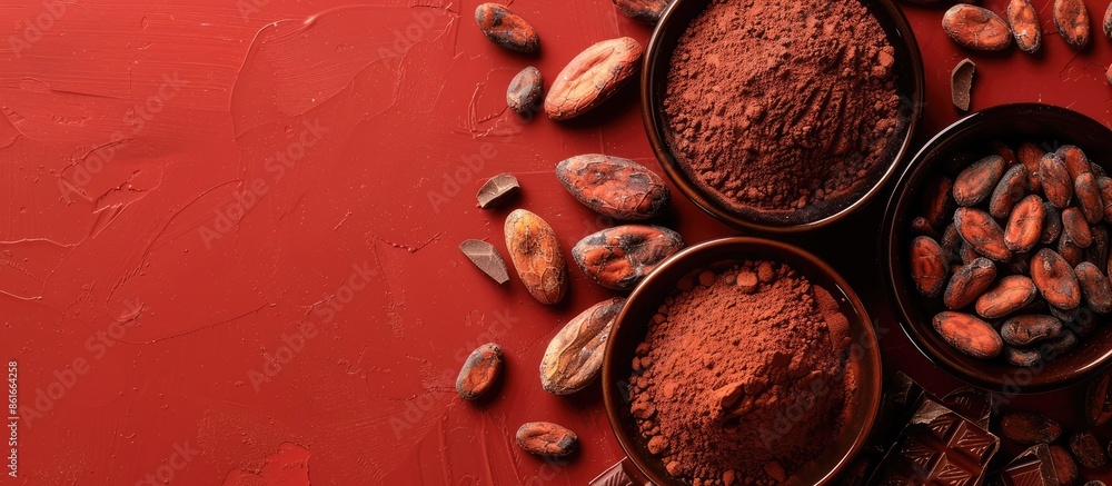 Leinwandbilder Red background with copy space image featuring organic cacao beans, cocoa powder, and chocolate, suitable for text placement. Top view, flat lay of vegan food ingredients for use in backgrounds,