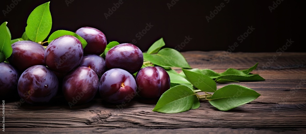 Poster plums freshly picked and arranged on wooden surface with green foliage, providing ample space for ad