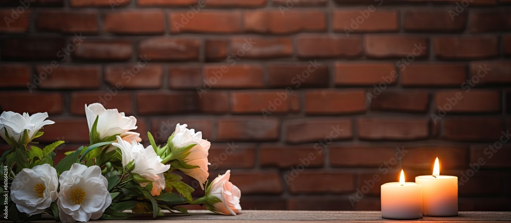 Poster flowers and a candle displayed on a table with a brick wall in the background, creating a picturesqu