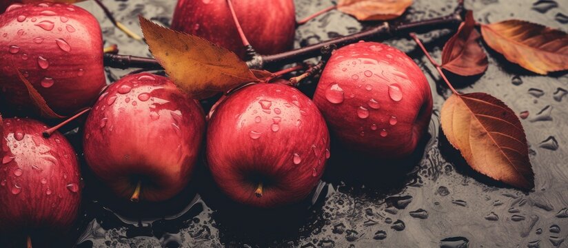 A fall-themed header featuring small red ranet apples and fallen leaves, enhanced by a cross-processed effect, set under rain with a copy space image.