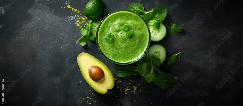 Poster a glass of nutritious green smoothie featuring cucumbers, spinach, avocado, and celery arranged on a