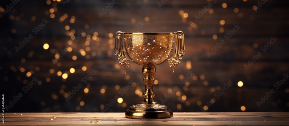 Wall mural Golden metal glasses on an aged wooden table with a space for a copy space image. A luxurious setting with a golden trophy on a dark background, perfect for a New Year celebration design against a