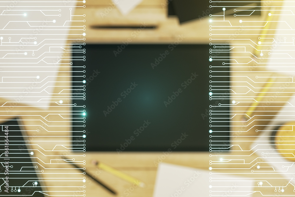 Aufkleber double exposure of circuit hologram and digital tablet on background, top view. research and develop
