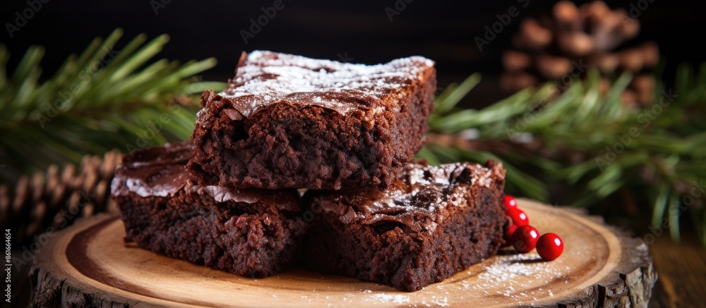 Aufkleber enjoy homemade chocolate fudge brownies with milk on a rustic wooden table in a festive setting perf