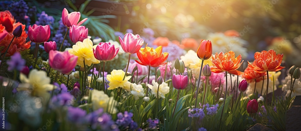 Poster spring blooms in vibrant hues decorate the garden, set against a blurred backdrop ideal for a copy s