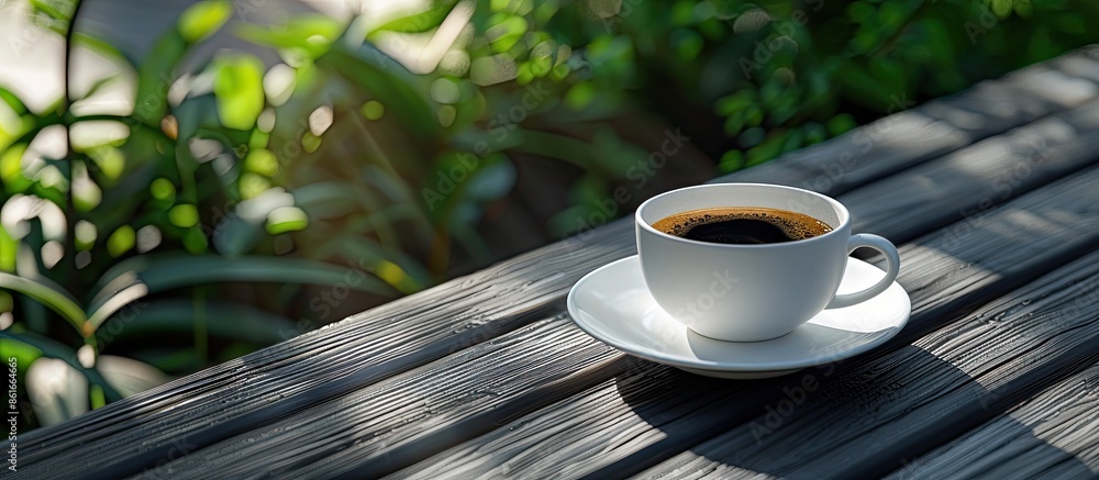 Poster coffee placed in a white cup with a black color palette on a wooden balcony, illustrating a relaxing