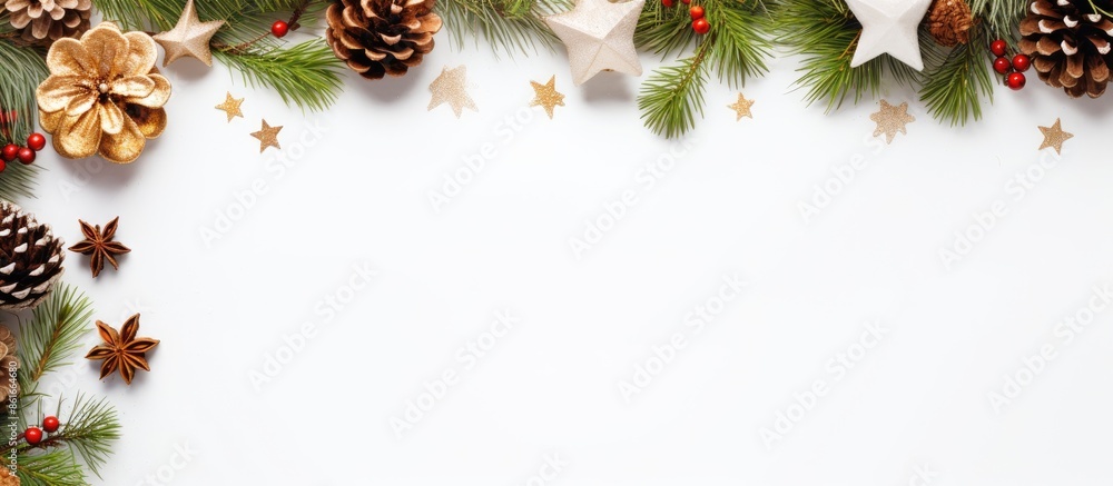 Poster Top view flat lay of a Christmas wreath against a white background with copy space image.