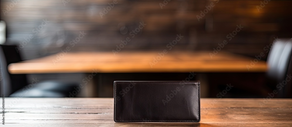 Poster selective focus on a wooden table background with a black wallet and business card, offering a disti