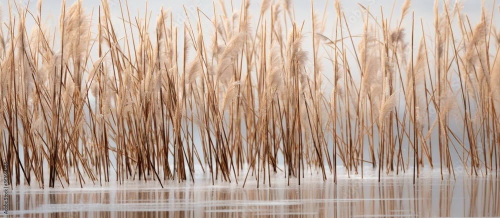 Aufkleber texture of dry reeds and ice on a lake, captured in a close-up copy space image.