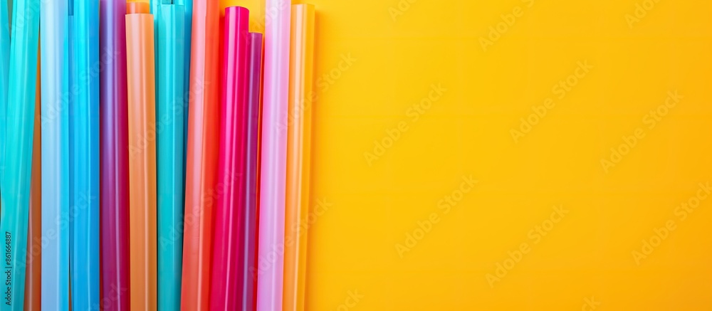 Poster Colorful plastic straws stacked on a vibrant background in a flat lay composition with space for text. Copy space image.