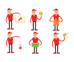 girl wearing cap characters in various poses vector illustration