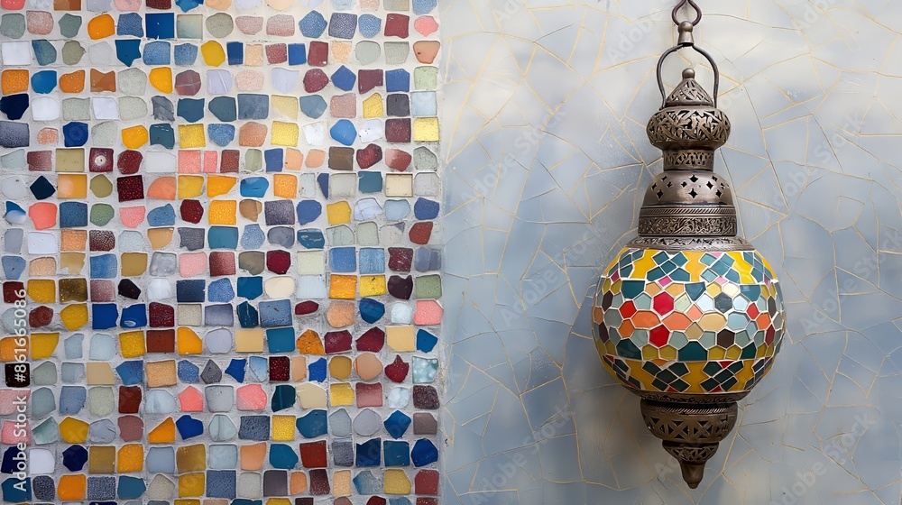 Poster this image showcases a traditional hanging lantern juxtaposed against a vibrant mosaic wall displayi