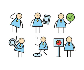 funny businessman characters stick figure in various poses vector illustration