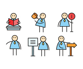 funny businessman characters stick figure in various poses vector illustration