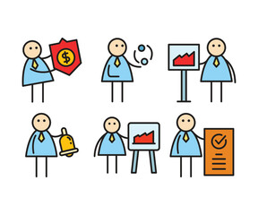 funny businessman characters stick figure in various poses vector illustration