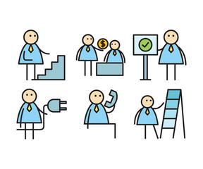 funny businessman characters stick figure in various poses vector illustration
