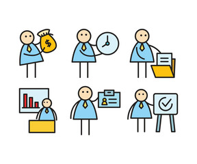 funny businessman characters stick figure in various poses vector illustration