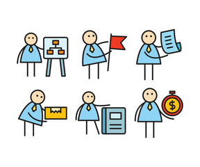 funny businessman characters stick figure in various poses vector illustration