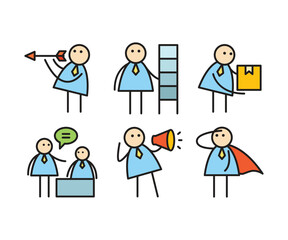 funny businessman characters stick figure in various poses vector illustration