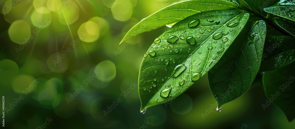 Poster a green leaf with a raindrop on a natural green background, with selective focus for a copy space im