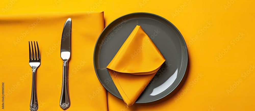 Poster top view of a table place setting featuring bright yellow tones, a gray linen napkin with intricate 