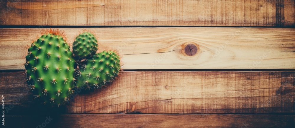Aufkleber Vintage toned top view of a cactus on an old, rustic wooden background with a shallow depth of field highlighting the copy space image.