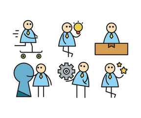 funny businessman characters stick figure in various poses vector illustration