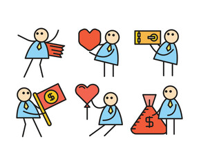 funny businessman characters stick figure in various poses vector illustration
