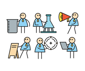 funny businessman characters stick figure in various poses vector illustration