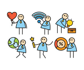 funny businessman characters stick figure in various poses vector illustration