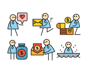 funny businessman characters stick figure in various poses vector illustration