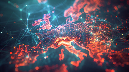 Abstract Map of Western Europe: Data Transfer and Cyber Technology
