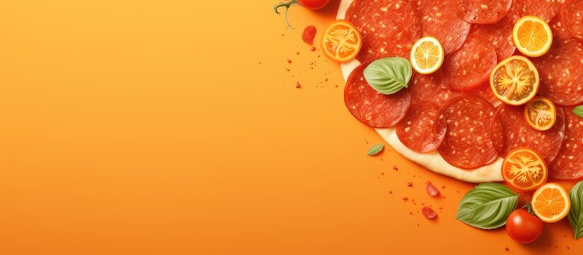 Pizza pepperoni design mockup for promotions on summer orange background with copy space image, representing a creative layout for a flyer or poster in a Fast Food concept.