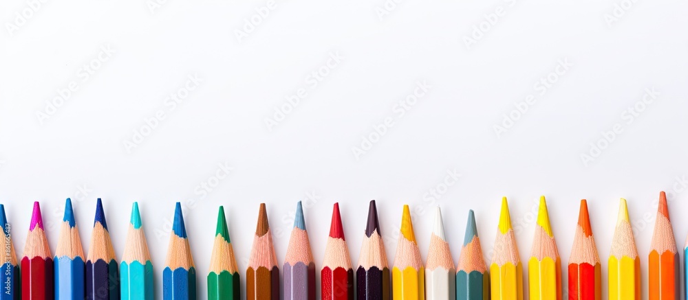 Poster color pencils held against a white backdrop with a creative scene for a copy space image.