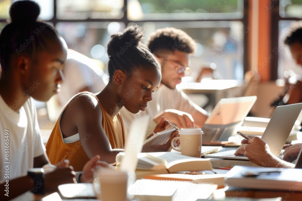 Poster diverse group of college students engaged in a study session at a campus cafe with books and laptops