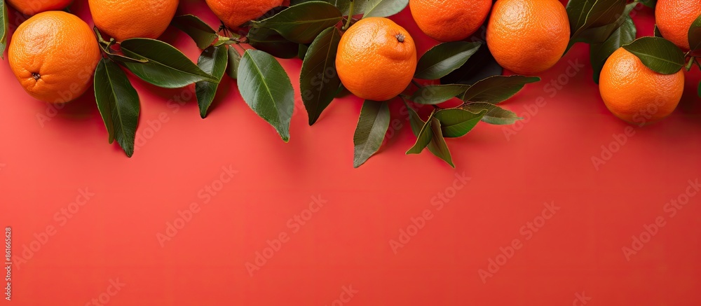 Poster flat lay of ripe sicilian oranges and leaves set against a red backdrop, perfect for overlaying copy