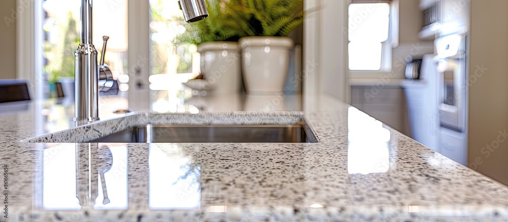 Poster modern white kitchen countertop with white granite. custom counter with stainless steel sink and fau