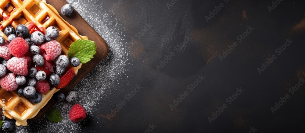 Poster Menu concept featuring Belgian or Viennese waffles as a sweet dessert snack with a top view for background highlighting copy space image.