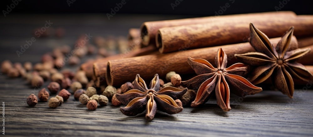Leinwandbilder Cinnamon sticks and star anise arranged on a wooden table with space for a picture. with copy space image. Place for adding text or design