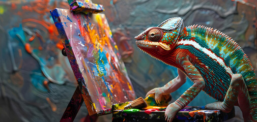 A chameleon as a painter with a color palette